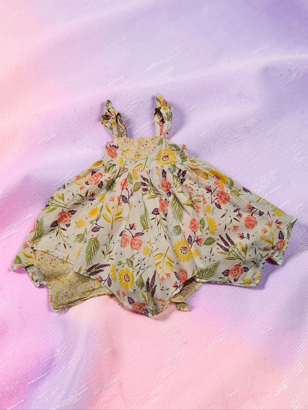 ARTISAN NY White Floral Baby Dress with Yellow, Pink & Green Accents.Size 6-9mnt